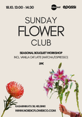 Promotional poster for the 'Sunday Flower Club' seasonal bouquet workshop by Nordic Flower Co. featuring informational text on a warm beige background with illustrations of a red protea and pink lilies.