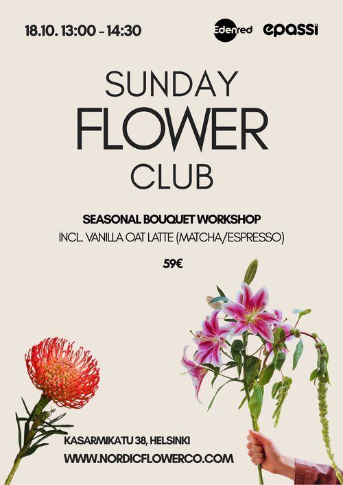 Promotional poster for the 'Sunday Flower Club' seasonal bouquet workshop by Nordic Flower Co. featuring informational text on a warm beige background with illustrations of a red protea and pink lilies.